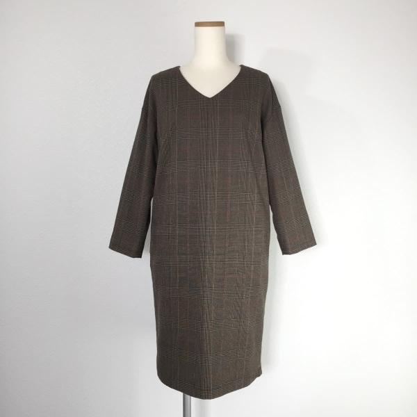 nano universe ナノ ユニバース Vネックチェックワンピースプルオーバー 長袖 ひざ丈 