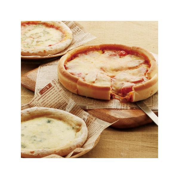 ボリューム満点の人気なシカゴピザと、モッツアレラチーズとイタリア産トマトの「マルゲリータ」、チーズ好きにはたまらない「クワトロフォルマッジ」のバラエティーセットです。◆商品内容：シカゴピザ420gx1／マルゲリータ・クワトロフォルマッジ×各...