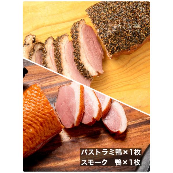 商品名：合鴨　スモーク＆パストラミ鴨容　量：約200g×2個賞味期限；お届けして１か月以上原材料：（合鴨スモーク）合鴨肉（中国）、糖類（ブドウ糖）、食塩、大豆たんぱく、香辛料（一部に大豆含む）、リン酸塩（Na）、調味料（アミノ酸）、発色剤（...
