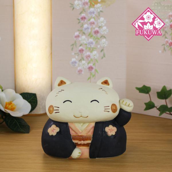 猫 置物 日本製 常滑焼 開運 縁起物 宮崎工房(招きお多福さんO-281