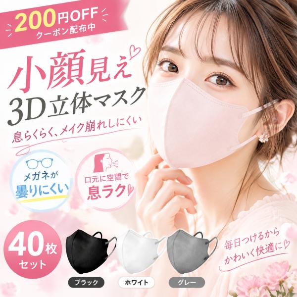 【200円クーポン配布中】 マスク 立体 40枚 ワイヤーマスク 3Dマスク 小顔見え 息がしやすい メガネが曇りにくい メイク崩れ防止 4層構造 カラーマスク 花粉対策