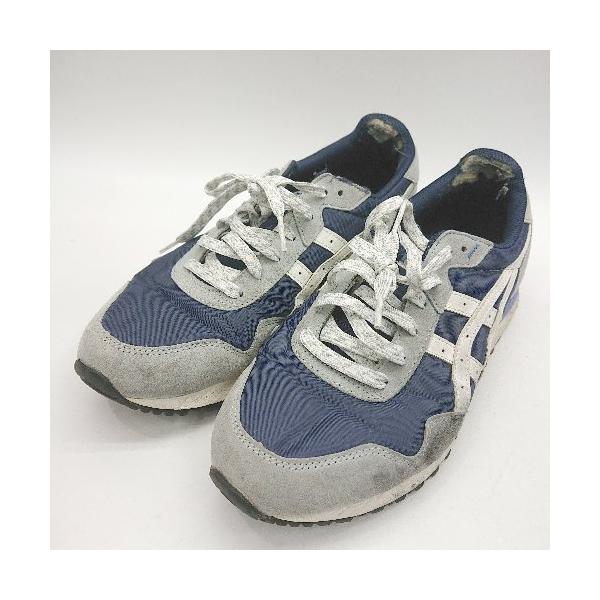◇ Θ ASICS アシックス ブランドロゴプリント ローカットスニーカー サイズ26.5 ネイビー グレー メンズ E