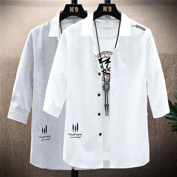 シャツ メンズ 半袖シャツ お兄系シャツ 白シャツ 七分袖 カジュアルシャツ 白 チェックシャツ 半そで かっこいい 人気 春夏 ゆったり Chensen0015 服屋123 通販 Yahoo ショッピング