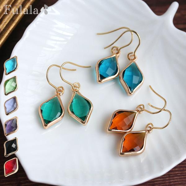 ピアス 金属アレルギー対応 ひし形カラーガラスピアス アンティークブルー ダークトパーズ エメラルド イヤリング変更無料 ステンレス 316L 菱形