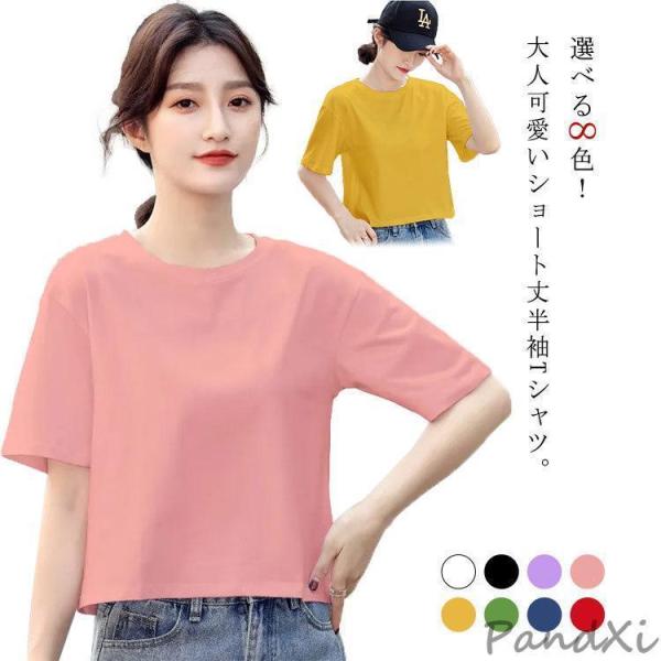 ショートTシャツ レディース カットソー ス 半袖tシャツ ショート丈 ゆったり 短め 無地 綿 コットン シンプル カジュアル 夏