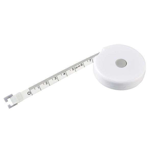 オフィスの引き出しでも邪魔にならない丸型メジャー。品番 : FC079サイズ； Φ50×14mmカラー； 個装形態； 箱入箱サイズ；／52×52×16mmカートン入数； 500素材； ABS・グラスファイバー備考； メジャー1.5m（両面 ...