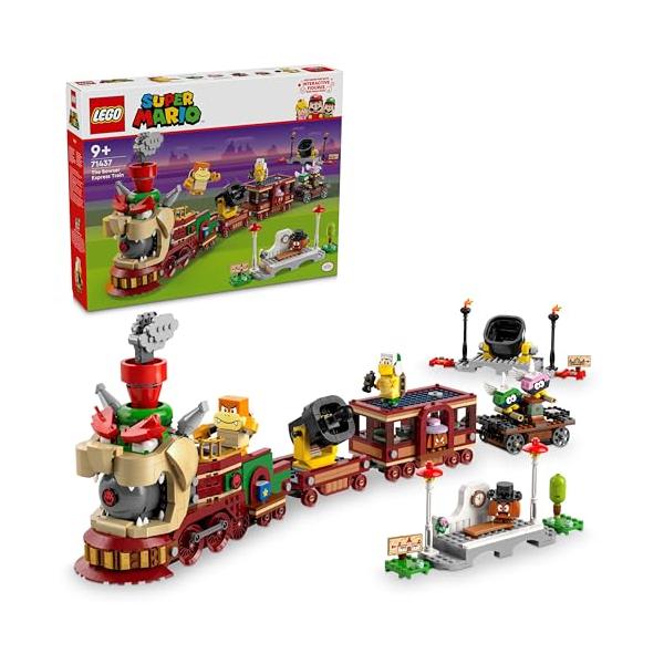 クッパ エクスプレス ? ゲームに登場する列車をモチーフに、精巧な作りで再現しています。そのほかに駅2つ、手押しトロッコも入っており、列車を存分に活かした遊びが楽しめます。キャラクターフィギュア6体が付属 ? ハンマーブロス、ブンブン、クリ...