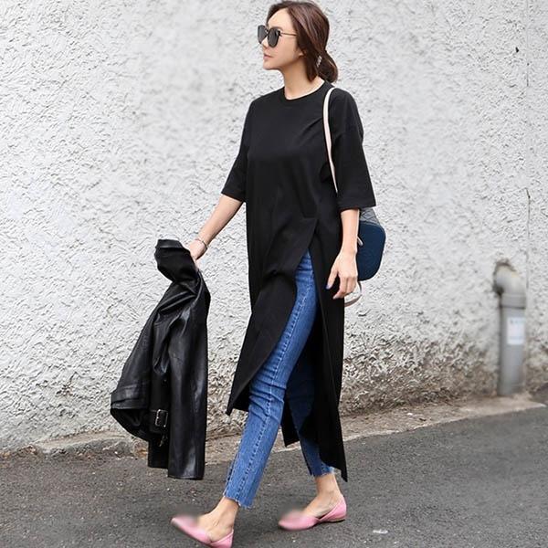 スリット ロングTシャツ レディース 半袖 膝下 夏 Tシャツ ワンピース