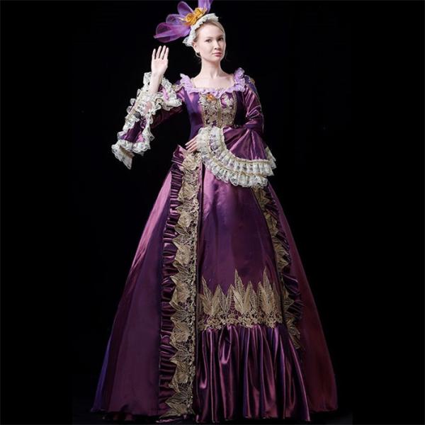 ロングドレス ヨーロッパ貴族 女性用 仮装 中世貴族風 フランス式 お姫様ドレス 贈答 ハロウィン 文化祭 ぶどう色 舞踏会 服