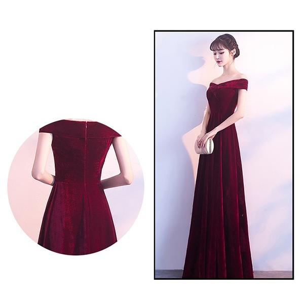 オフショルダー ロングドレス 肩出し ベルベット 背中開き ワイン