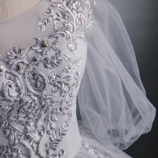 ロングドレス カラードレス 結婚式 パフスリーブ 透け感 刺繍