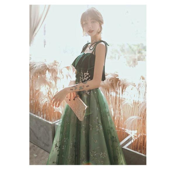 ⭐︎アミ美品☆ダークグリーン Aラインドレス ビジュー付き　演奏会 パーティードレス ロング 演奏会 キャミソールドレス 編み上げタイプ