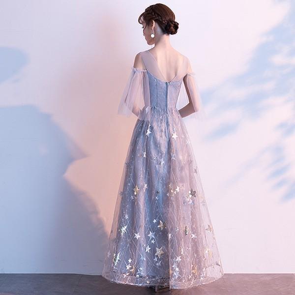 パーティードレス ロング丈 演奏会 キラキラ Vネック 透け感 ドレス