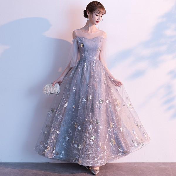 パーティードレス ロング丈 演奏会 キラキラ Vネック 透け感 ドレス