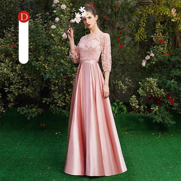 ブライズメイド ドレス ピンク ロングドレス 結婚式 袖付き パーティー