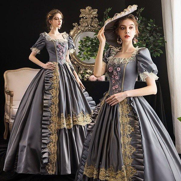 プリンセスライン 中世貴族風 お姫様ドレス 宮廷 パーティー Cosply ロングドレス ワンピース 刺繍 フリル Aライン グレー Da749s1 フルグレース 通販 Yahoo ショッピング