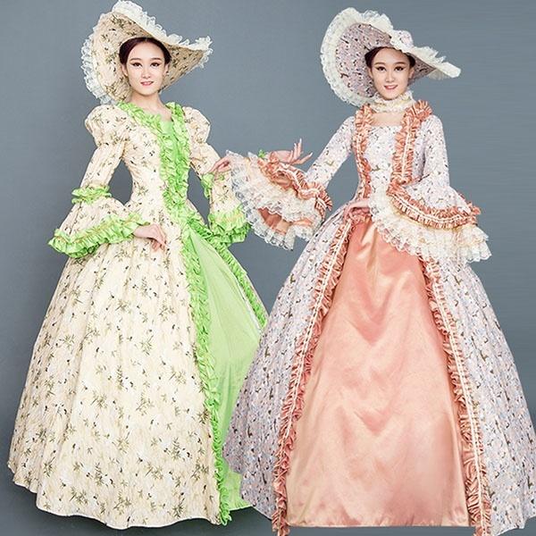 最新入荷 ロングドレス 貴族ドレス お姫様ドレス 中世ヨーロッパ パフスリーブ Vネック 貴族風 プリンセスライン 撮影 ワンピース 舞台衣装 帽子付 ウエディングドレス Sutevalle Org