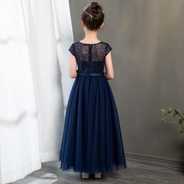 キッズドレス ピアノ 発表会ドレス ネイビー ラウンドネック ロング