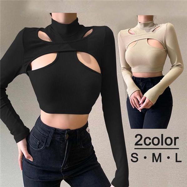 胸元オープン 長袖 トップス バストカット 胸あき ボトルネック