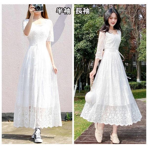 ホワイト レース ひざ丈ワンピース 半袖 ホワイト レース 半袖 膝丈ワンピース