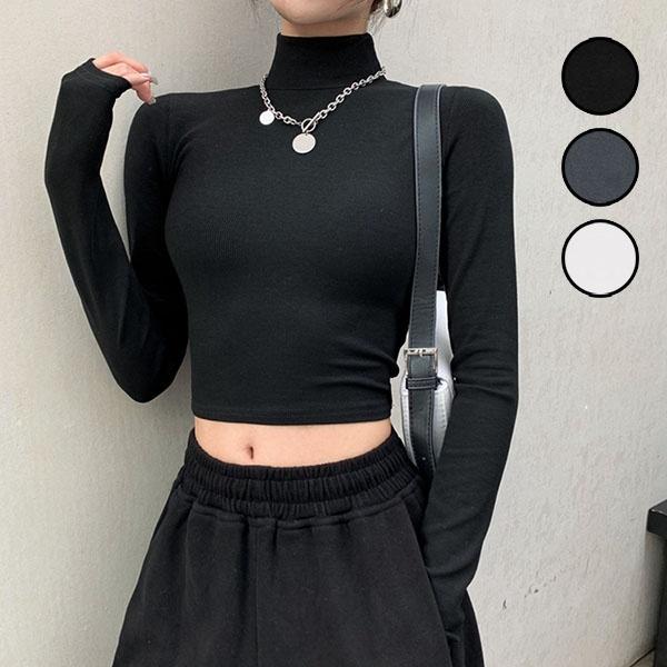 セクシー トップス へそ出し 短丈 ハイネック 長袖 レディース 黒 白