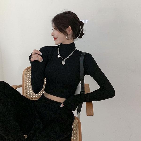 セクシー トップス へそ出し 短丈 ハイネック 長袖 レディース