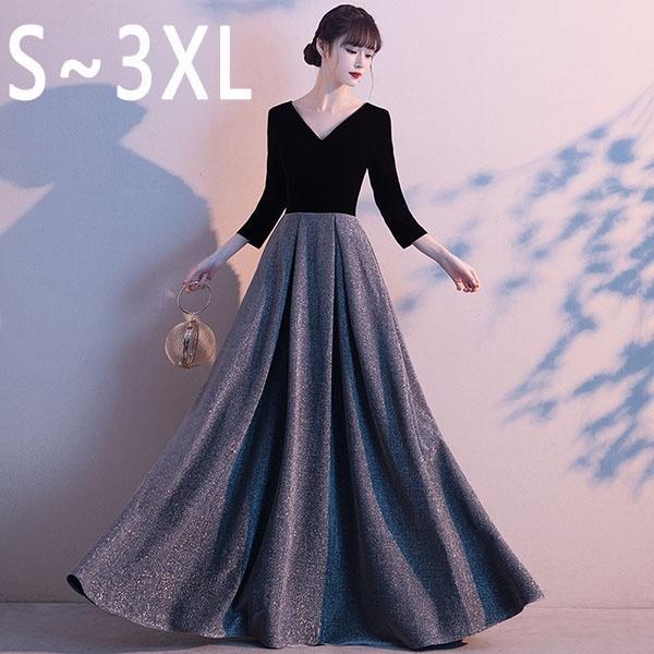 S 3xl ロングドレス 母親 結婚式 ドレス 大人 ピアノ 発表会 演奏会 袖付き パーティードレス ベルベット ５分袖 Vネック ブラック De028y6 フルグレース 通販 Yahoo ショッピング
