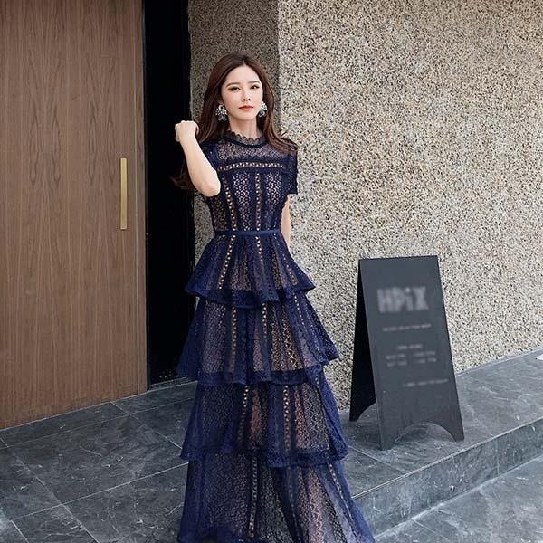 美品✨ネイビーレース ロングドレス パーティードレス ティアード マキシ丈 半袖 パーティードレス レディース ワンピース 総レース ロングドレス