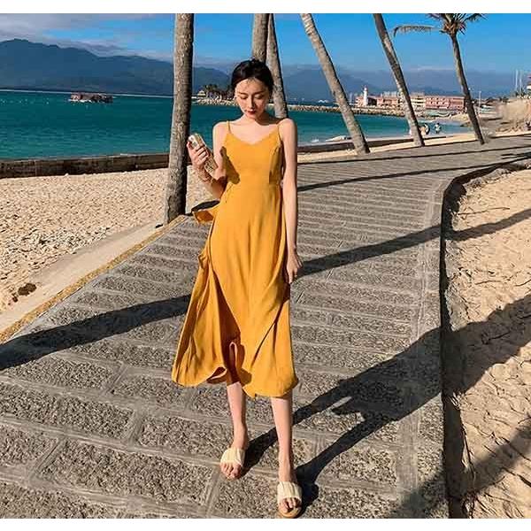 【爆買】背中 開き ワンピース リゾートワンピ ハワイ リゾートワンピーロングワンピース 肩見せ 夏 プレゼント Aライン 無地 イエロー 背中 開き ワンピース リゾートワンピ ハワイ リゾートワンピーロング
