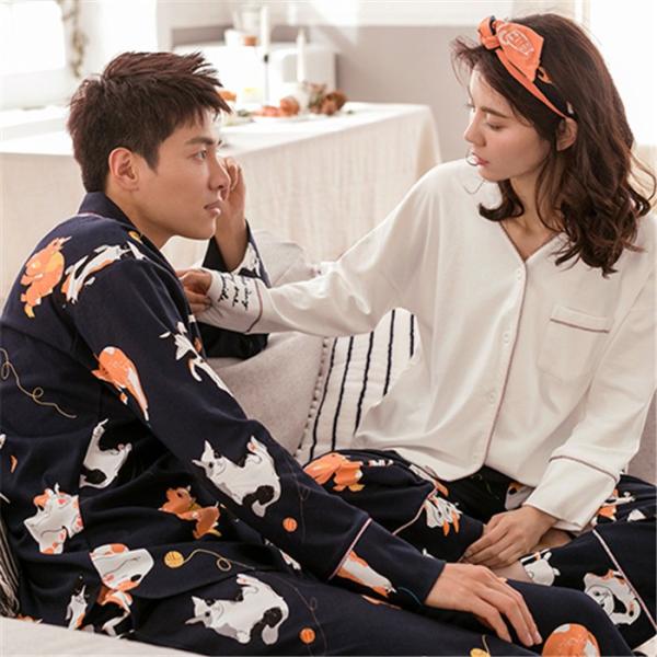 パジャマ 男女兼用 男女ペアセット ルームウェア 上下セット 猫柄 コットン 結婚祝い メンズ 結婚祝い レディース ペアパジャ 長袖 カップル お揃い 結婚祝い コットン Dh019w7 フルグレース