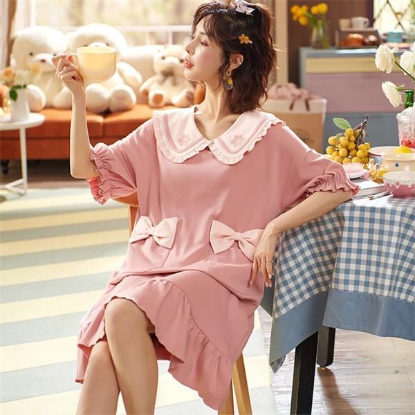 ルームウェア レディース パジャマ かわいい ワンピース リボン 夏 可愛い 部屋着 コットン 大人 体型カバー やわらか 涼しい Dh077g5 フルグレース 通販 Yahoo ショッピング