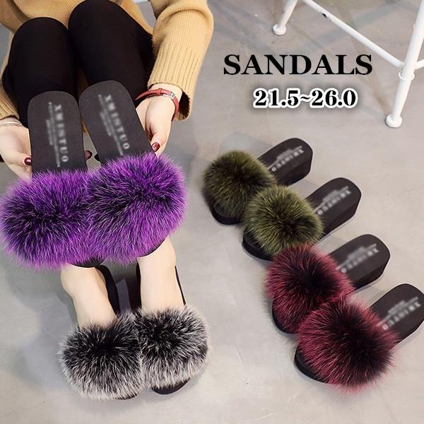 【21.5~26】サンダル レディース ファーサンダル ビーチサンダル おしゃれ 可愛い コンフォートサンダル 厚底ウェッジソール
