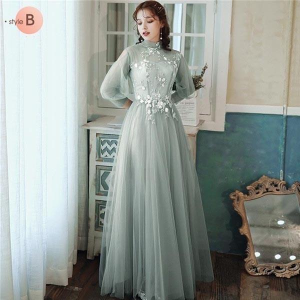 パーティードレス レディース レースドレス 緑 ロングドレス 袖あり