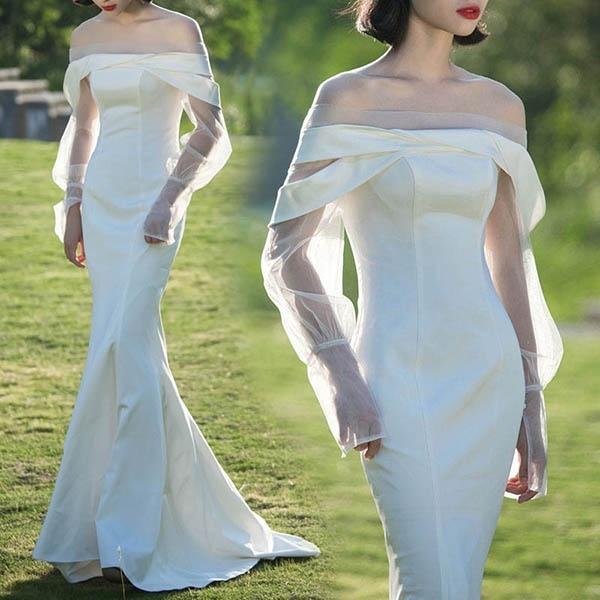 ウェディングドレス 締め上げタイプ 肩出し マーメイドライン 白 結婚式 披露宴 撮影用 フォトウェディング トレーンドレス S M L 2l 3l Dm058t2 フルグレース 通販 Yahoo ショッピング