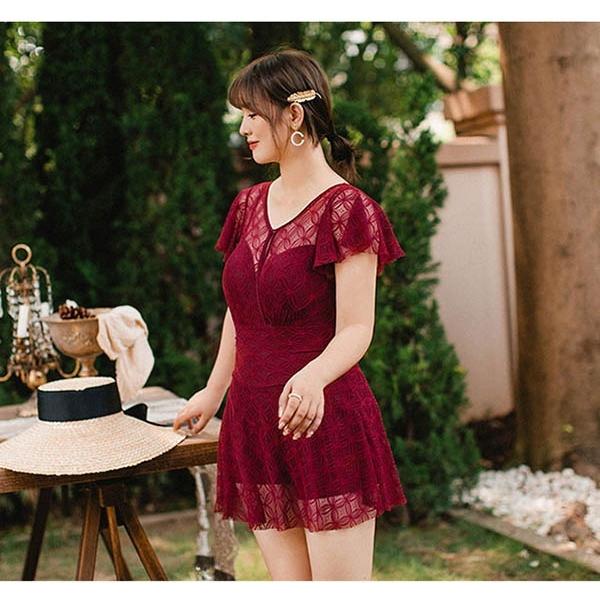 オールインワン ワンピース ぽっちゃり水着 レディース 水着 体型カバー ぽっちゃり 海 温泉 大人 可愛い 韓国風 透け感 ワインレッド 人気カラーの