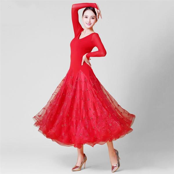社交ダンス衣装 ワンピース ワルツ タンゴ服 ラテン ドレス ステージ衣装 レッスン着 ルンバ サンバ モダンダンス 大きい裾 舞台 お洒落 着丈