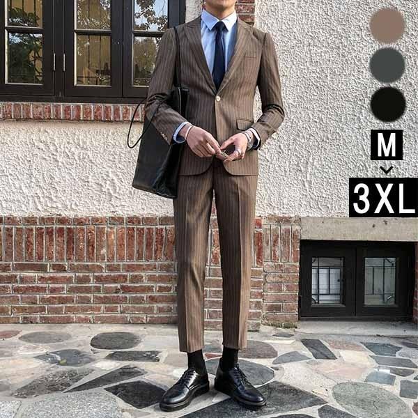 メンズ スーツ 一つボタン ストライプ ビジネススーツ スリムスーツ フォーマル 二次会 結婚式 面接 通勤 上下セット スーツ ブラック ブラウン  グレー :dp023t2:フルグレース 通販 