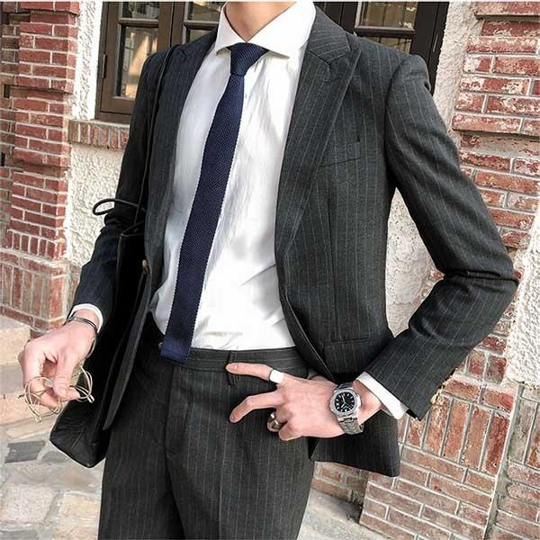 メンズ スーツ 一つボタン ストライプ ビジネススーツ スリムスーツ