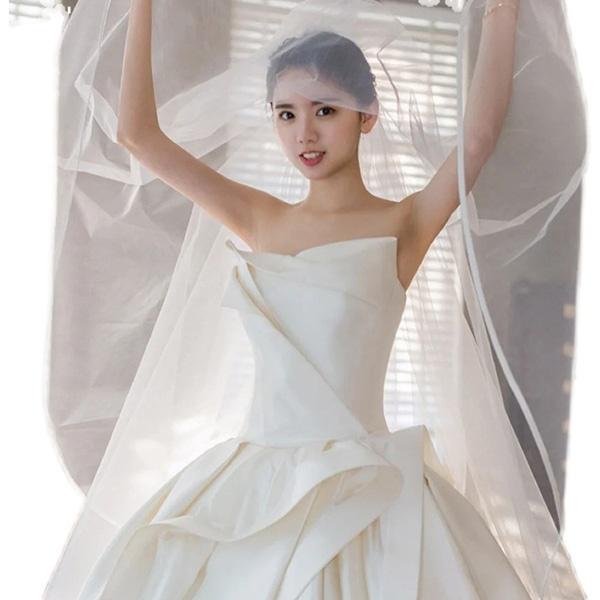 ウェディングドレス プリンセスドレス ノースリーブ サテン 光沢感 美しい 花嫁 結婚式 撮影用 小さいサイズ ファスナー ロング トレーン