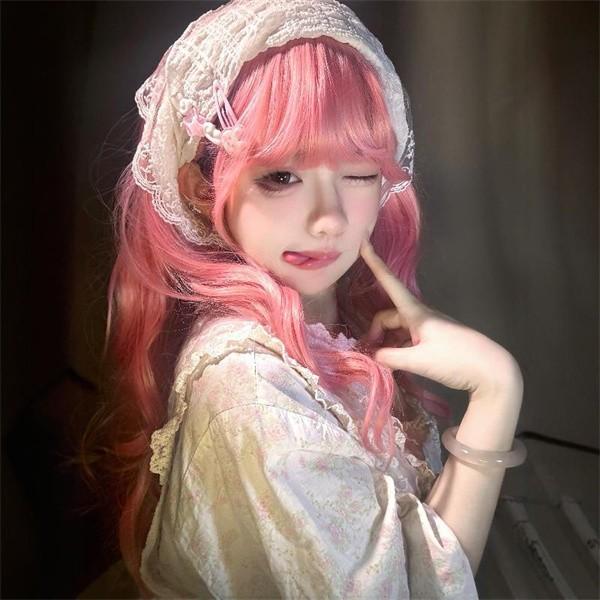 ウィッグ ロング カール ウェーブ 巻き髪 ピンク 前髪ぱっつん フル