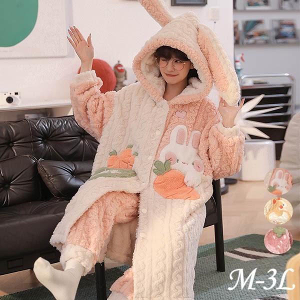 前開き 韓国 うさ耳 もこもこパジャマ レディース 暖かい フード付き