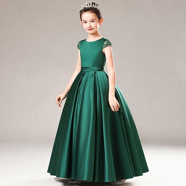 ピアノ発表会 ドレス ロング丈 子供ドレス ワンピース お姫様 グリーン