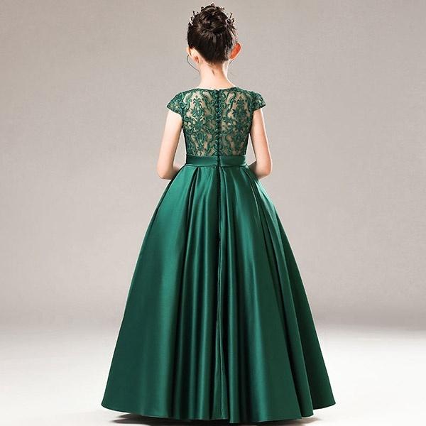 ピアノ発表会 ドレス ロング丈 子供ドレス ワンピース お姫様 グリーン