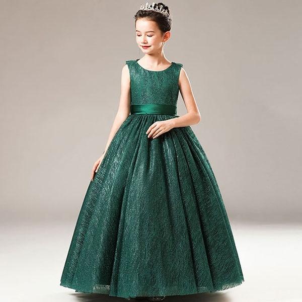 ピアノ発表会 ドレス ロング丈 子供ドレス ワンピース お姫様 グリーン
