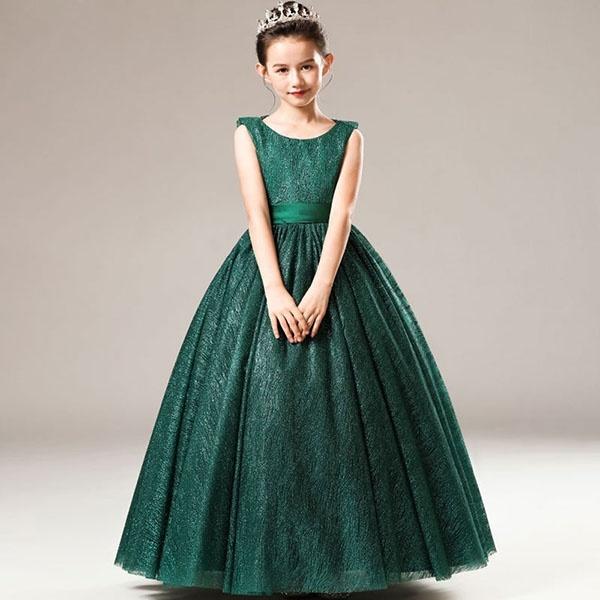 ピアノ発表会 ドレス ロング丈 子供ドレス ワンピース お姫様 グリーン