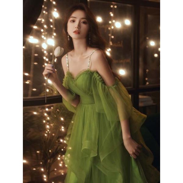 エレガント ドレス 大人 ピアノ 発表会 グリーン ファスナー