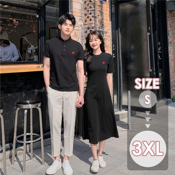 ペアルック Tシャツ カップル ワンピース 半袖 ペア 可愛い ハート柄 着痩せ 韓国風 綿 新婚旅行  ご夫婦 お誕生日 プレゼント ペアルック Tシャツ カップル ワンピース ロング 半袖 ペア