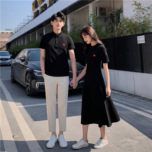 ペアルック Tシャツ カップル ワンピース 半袖 ペア 可愛い ハート柄 着痩せ 韓国風 綿 新婚旅行  ご夫婦 お誕生日 プレゼント ペアルック Tシャツ カップル ワンピース ロング 半袖 ペア