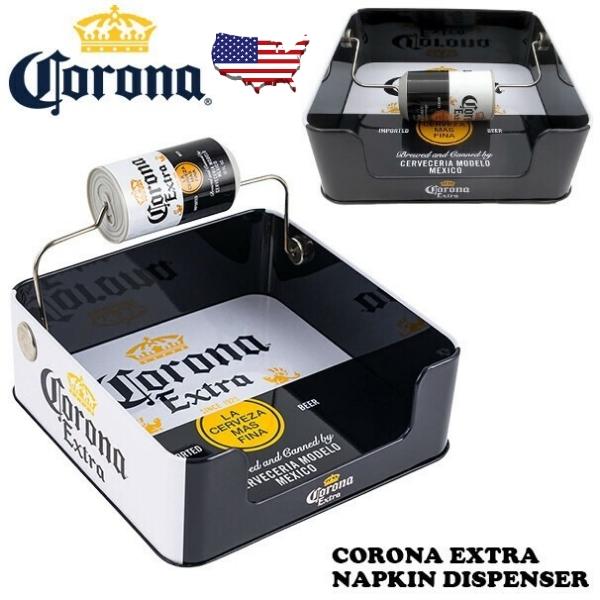 アメリカ直輸入CORONAビールマニア必須！実用的にもGOODです!ライセンス商品ブリキ製のコロナビール ナプキン ディスペンサーです。商品全体に『CORONA EXTRA』のデザインがされており、イイ感じ!ディスペンサーの取っ手部分はコロ...