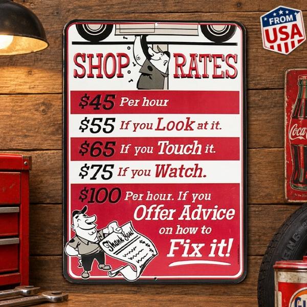 ブリキ看板 エンボスメタルサイン SHOP RATES アメリカン 看板 ガレージ 整備工場 壁掛け 壁装飾品 アメリカン雑貨 インテリア レトロ おしゃれ 料金表